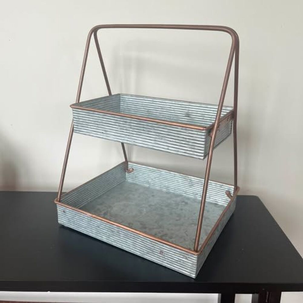 Galvanized Metal 2-Tier Tray with Copper Trim